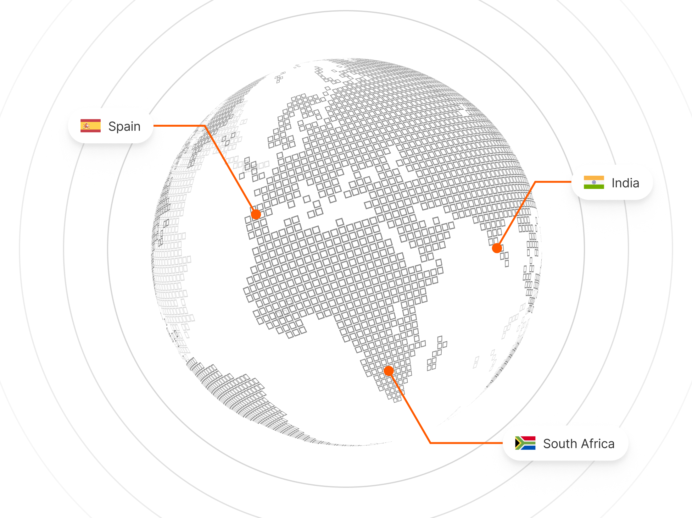 Dot-matrix globe with expert locations across Spain, India, and South Africa