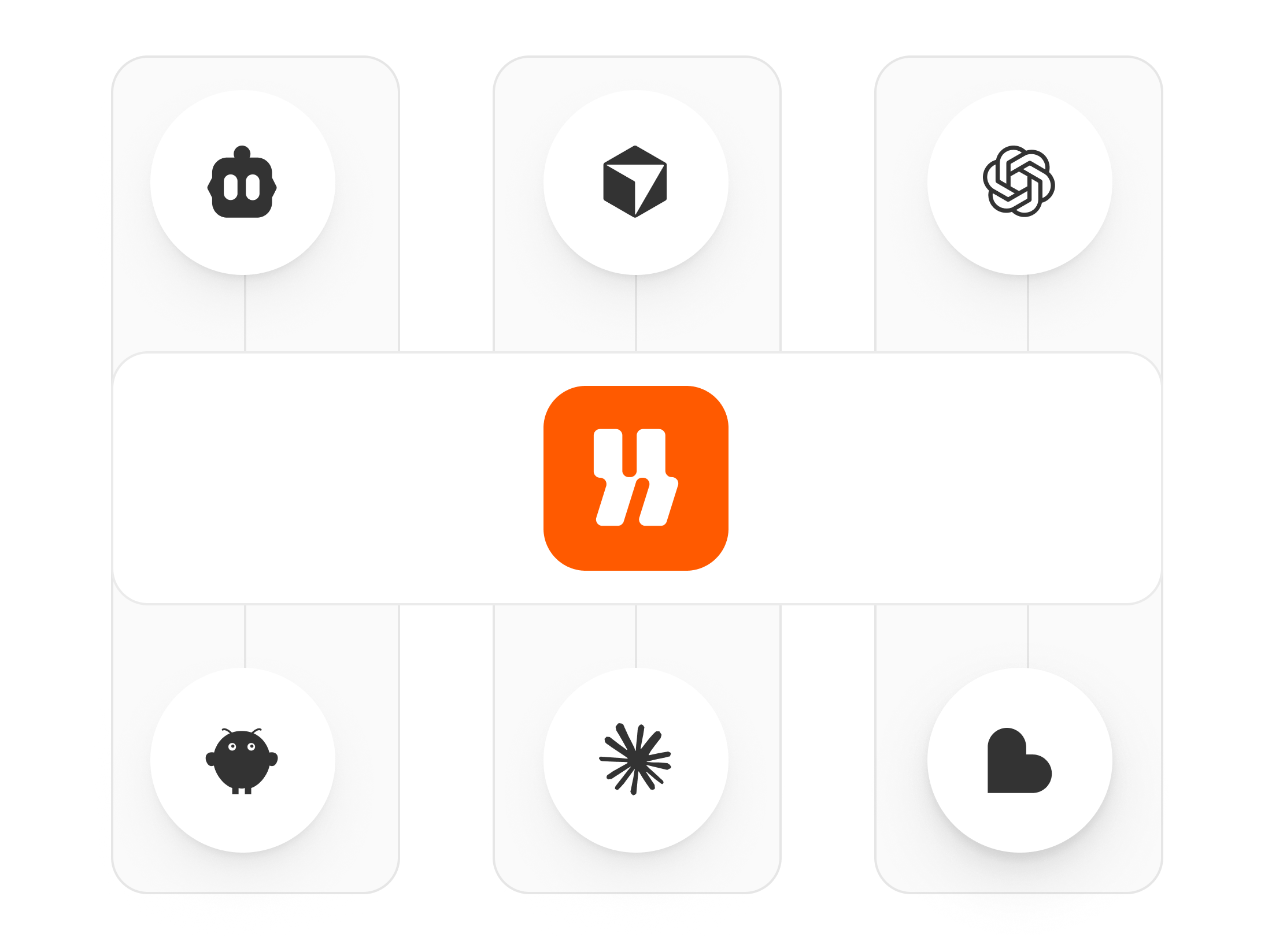 Plug and play integration with 6 platform logos arranged around the Humwork center logo
